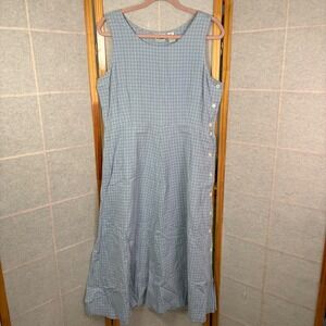 LL Bean Womens Petite 12 Blue Plaid Cotton Sleeveless Side Button Midi Dress